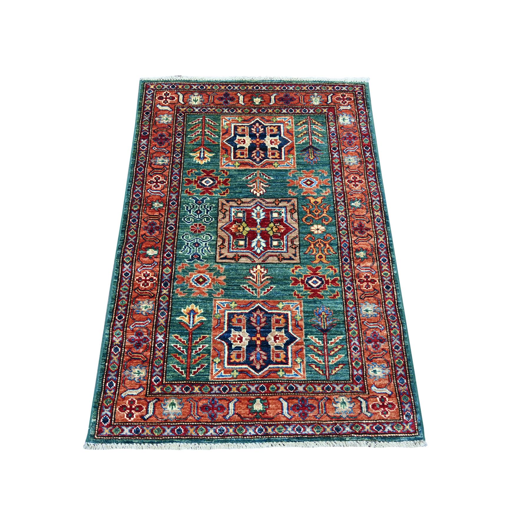 2'10"x4'2" Tropical Rainforest Green, Afghan Super Kazak with Geometric Medallions Design, Hand Knotted, Vegetable Dyes, Pure Wool, Sample, Mat, Oriental Rug 